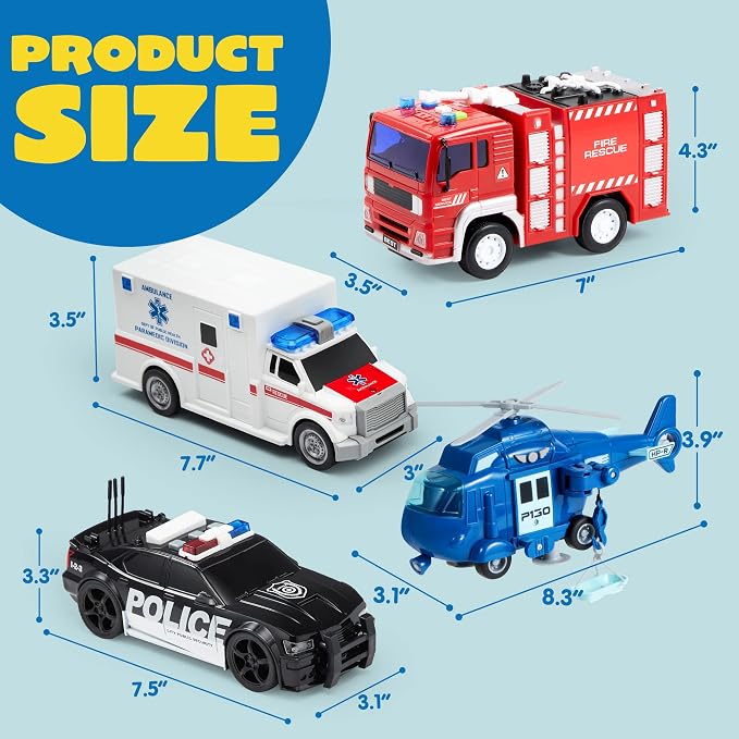JOYIN 4 Packs Emergency Vehicle Toy Playsets, Friction Powered Vehicles with Light and Sound, Including Fire Truck, Ambulance, Play Police Car and Helicopter, Toddler Kids Boys Gifts