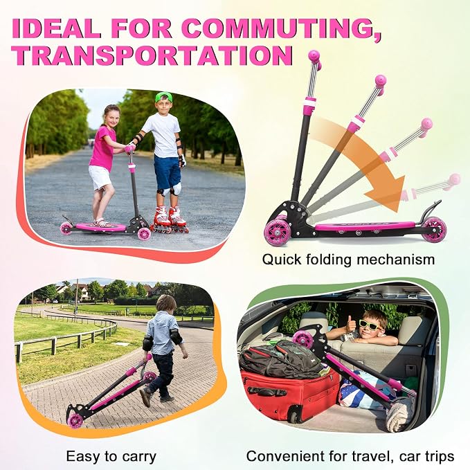 Scooter for Kids 3-5 5-7,Light up 3 Wheels Kick Scooter,Heavy Duty Folding Lean-to-Steer Scooters with 3 Adjustable Handlebar for Boys Girls,Widen Anti-Slip Deck,Rear Break,Holds up to 150Lbs