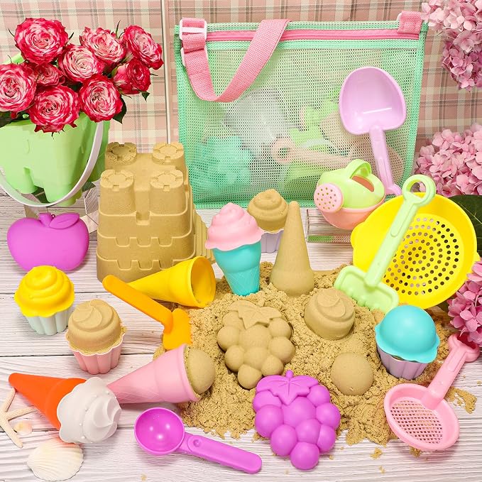 Tagitary Beach Toys for Kids and Mesh Beach Bag with Zipper, Large Beach Tote with 8 Pockets, Sand Toys Storage Pool Bag Beach Accessories for Sports Camping Picnic Travel