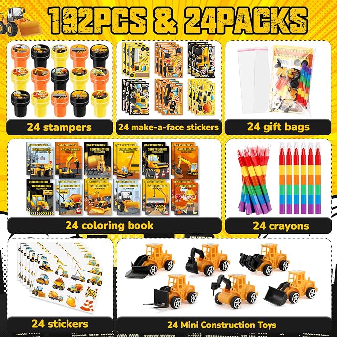 BenLouis 168Pcs Construction Party Favors Excavator Theme Coloring Books Crayons Sticker Set Bulk for Kids Construction Birthday Goodie Bag Stuffer Classroom Gifts Rewards Craft Pinata Fillers