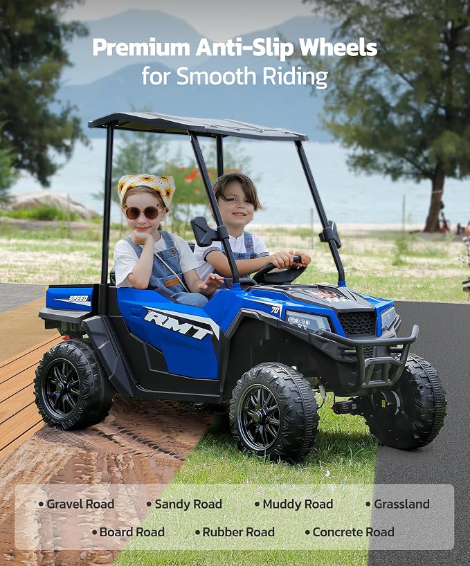 ELEMARA 24V Ride on Toy for Big Kid,Ride on Car 2 Seater w/Sun Shade,Dump Bed & Shovel,4.5MPH,4WD Electric Car for Kids,Battery Car w/Remote,Kids Ride on Truck,3 Speed,LED Lights,Bluetooth, Sapphire
