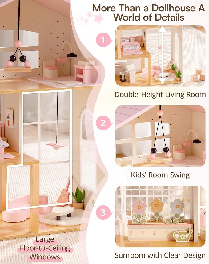 ROBUD Wooden Doll House for Girls，Dollhouse Kit with 6 Rooms & 37 Pcs Dollhouse Furnitrue Accessories, Pink Montessori Doll House for 3+, WDH22