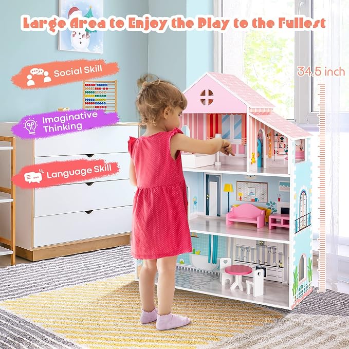HONEY JOY Dollhouse with 8 Pcs Furniture, 3-Level Wooden Doll House, Pretend Play Kids Doll’s House, Princess Mini Toy House Furniture Playset, Gift for Little Girls(Pink, 2.8 FT)