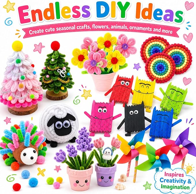 FUNZBO 1200pcs+ Craft Kits with Pipe Cleaners, Pom Poms for Crafts, Popsicle Sticks for Craft, Arts & Crafts Supplies for Kids Ages 4-8 Girls & Boys Birathday Gifts