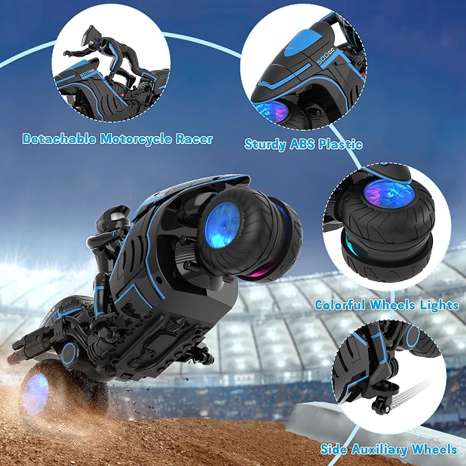 Remote Control Motorcycle Toys, Colorful Wheels Light Off-Road RC Dirt Bike with Detachable Rider, 360 Degree Rotation, High Speed, 2.4Ghz RC Motorbike Gift for Kids 5-12