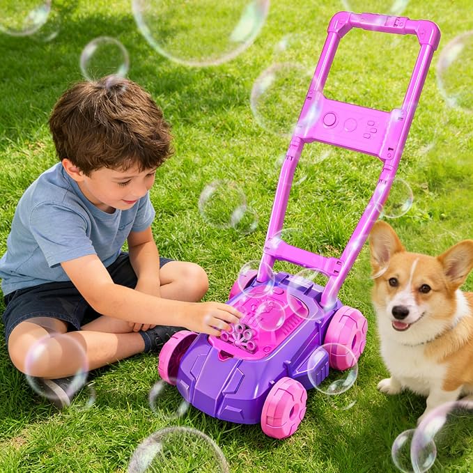 Bubble Lawn Mower for Toddlers 1-3, Automatic Bubble Blowing Machine Pretend Summer Gardening Play Bubble Toys for Age 1 2 3 Year Old Boys Girls Indoor Outdoor Use, Pink