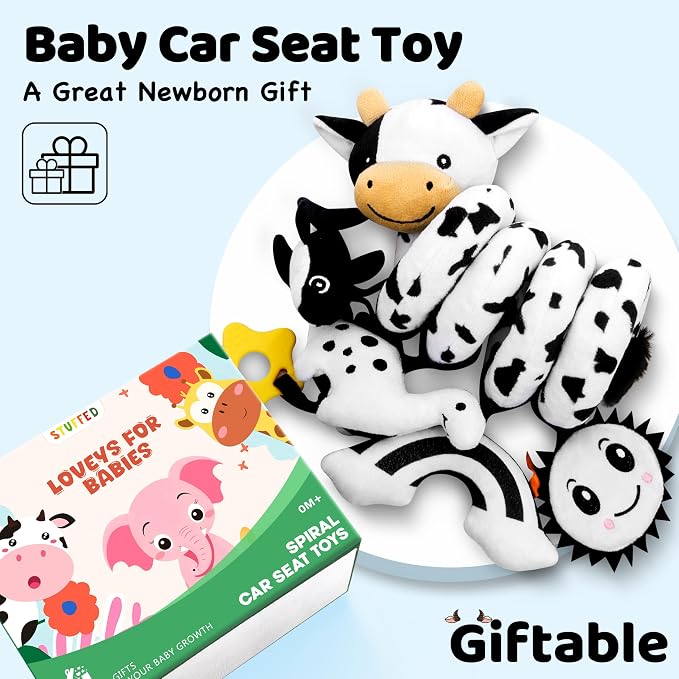 Spiral Car Seat Baby Toys 0-6 Months, Infant Carseat High Contrast Sensory Toys Hanging Stroller Accessories, Newborn Shower Gifts for Baby Boys Essentials Stuff, Cute Black and White Cow