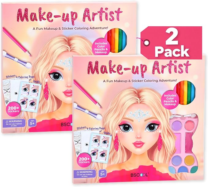 BSCOOL Make-up Artist Kit - 2 Sets Pretend Play Makeup & Sticker Coloring Book, Includes Palette, Brushes, Pencils & 200+ Stickers, Girls Beauty Toy Ages 5+