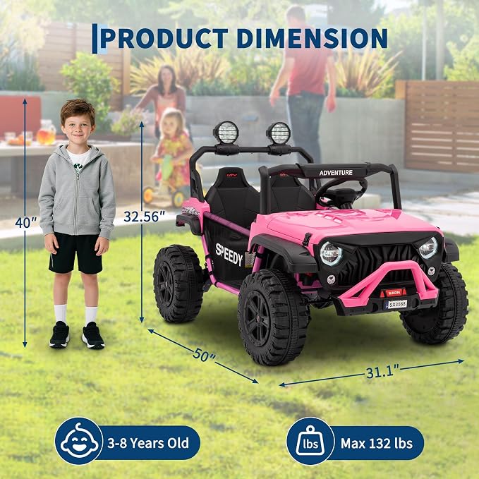 24V 2-Seater Ride on UTV Truck with Remote Control – 4WD Electric Vehicle Designed for Big Kids, Featuring Spring Suspension, Front and Behind LED Lights, Dual Storage Compartments, 3 Speed Settings,