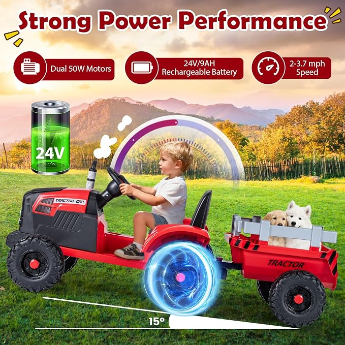 Costzon 24V Ride on Tractor with Detachable Trailer, Kids' Electric Vehicles with 3 Speeds, 15° Climbing, Wireless Design, Horn & Music, Remote Control Tractor Toy for Kids 3+,Gift (24V, Red)