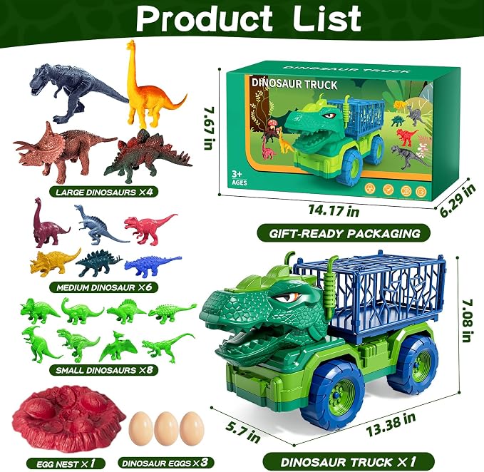 22 in 1 Toddler T-rex Dinosaur Truck Toy Set for Kids Boys 3-5 5-7, Tyrannosaurus Carrier Transport Truck with 18 Jurassic Dino Figures Birthday Toy for Boys Girls 3 4 5 6 7 Years Old