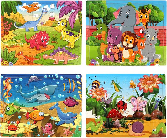 SYNARRY Wooden Jigsaw Puzzles for Kids Age 3-5 Year Old, 4 Pack 24-40 Pieces Preschool Educational Learning Toys Gift Set for Children, Easter Basket Stuffers Gifts for Kids