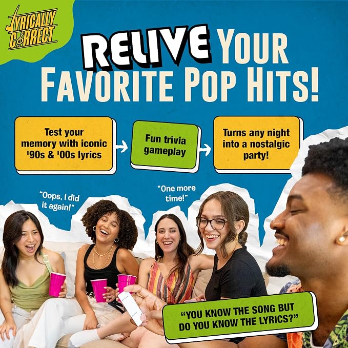 Lyrically Correct 90s & 2000s Pop Music Trivia Card Game for Adults & Families – Finish The Lyrics Party Game for Game Night, Girls Night, Bachelorette Parties & Pop Culture Fans