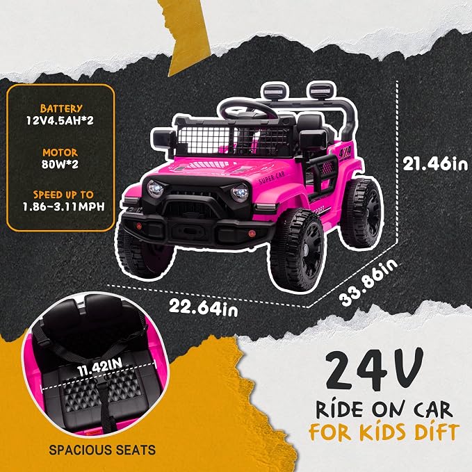 24V Ride On Jeep Car, Toddler Ride On Toys w/Parents Remote Control, One Seat Electric Car for Kids 2-4 with 4-Wheel Suspension, Bluetooth, Music, 1.86-3.11MPH Adjustable Speed, Pink