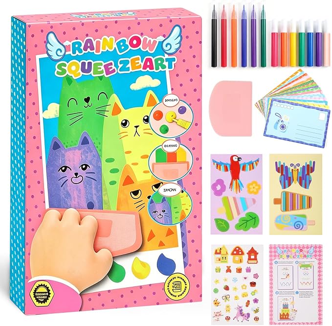 Rainbow Squeeze Art Kit, DIY Creative Scratch Art Kit for Kids, Magic Artistic ＆ Creative Squeegee Painting Set, for Drawing ＆Postcards, Favors Novelty Gifts for Boys ＆ Girls (Pink)