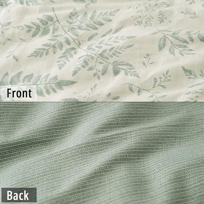 LEMIROE Botanical Cotton Comforter King Size - Dusty Green Comforter Printed with Luxurious Greyish-Green Ferns on Beige,Reversible Lightweight Bedding Sets 3Pcs(104"×90")