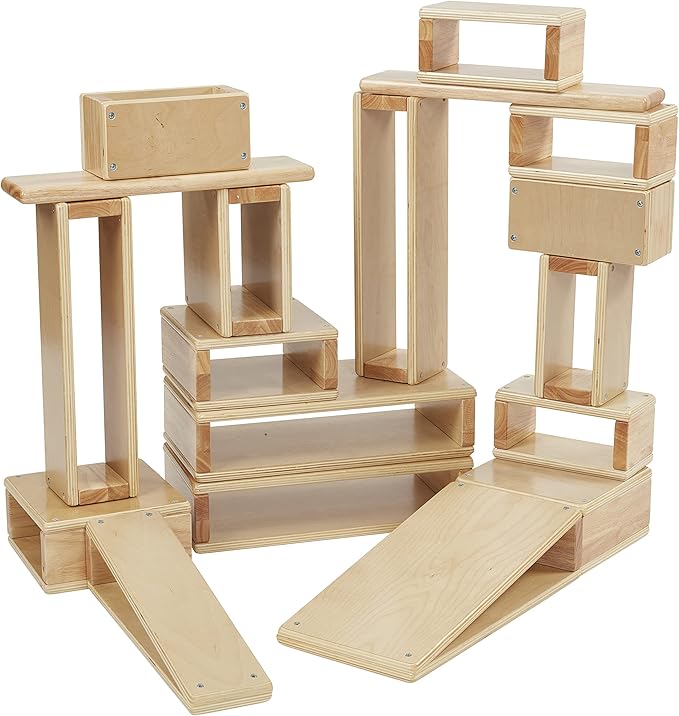 ECR4Kids Blocks and Arches Wooden Stacking Playset, Montessori Toys, Natural, 18-Piece