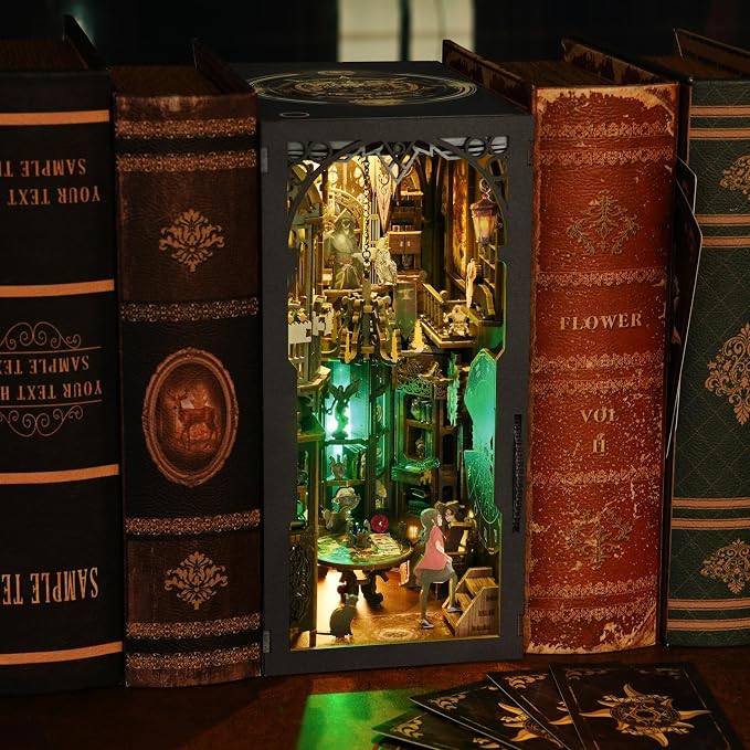 Book Nook Kit DIY Miniature House Dollhouse 3D Puzzle | Booknook Bookend Bookshelf Decor Tiny House Model Build with Tarot View, Gifts for Family and Friends
