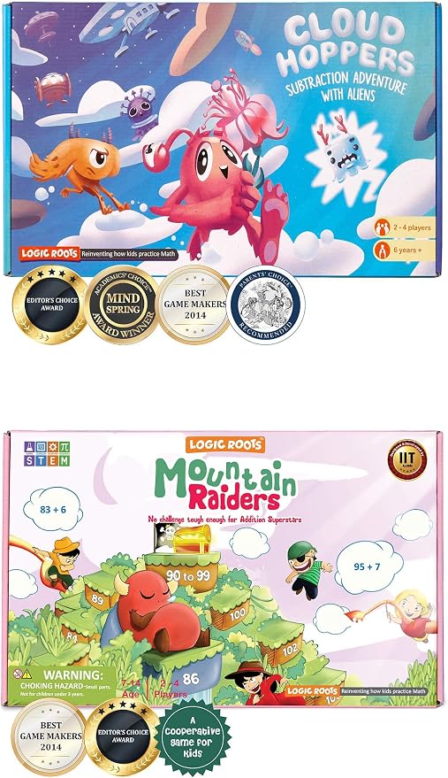 Addition and Subtraction Game - Fun Math Board Game for 6-8 Year Olds, Easy to Play Educational Game for Kids at Home, STEM Toy Gift for Girls & Boys (Cloud Hoppers + Moutain Raiders)