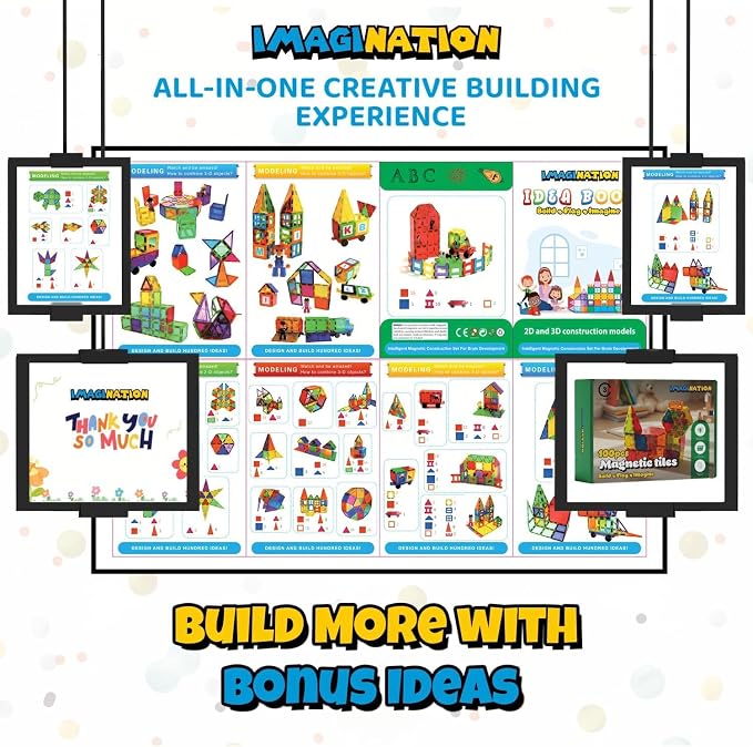 IMAGINATION Magnetic Tile 100 Piece Set for Kids Ages 3–12, Large 3-Inch STEM Building Blocks, Montessori Educational Toy for Boys and Girls
