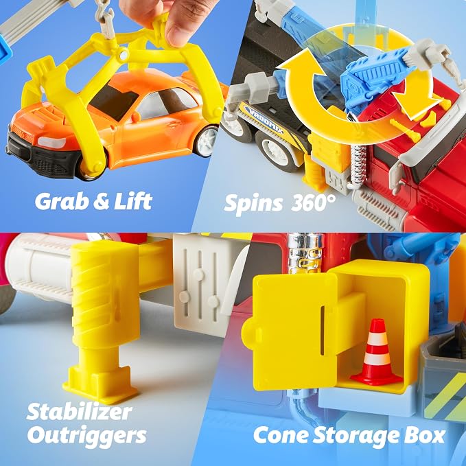JOVA Vroomix Kids Tow Truck Toys for 3 4 5 6 7 Years Old Boys, Toddler Car Toys, Large Truck with 2 Transformation Cars and Trailer, Crane with Lights and Sounds, Birthday Gifts