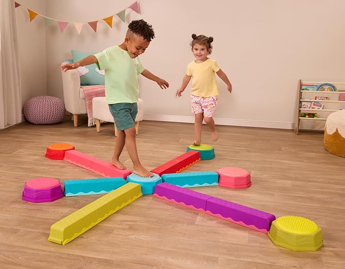 B. toys – Balance Beam for Kids – Interlocking Balancing Beams – 6 Sensory Pads & 10 Beams – Active Play for Toddlers, Kids – 3+ Years – Balance & Build Set - Rainbow Color