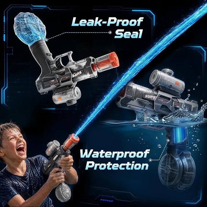 GONINO Electric Water Gun for Kids & Adults, Automatic LED Water Sprayer with Long Range Stream, Leak-Proof Rechargeable Battery Powered Outdoor Pool Toy, Summer Party Gift for Boys Girls, Gray