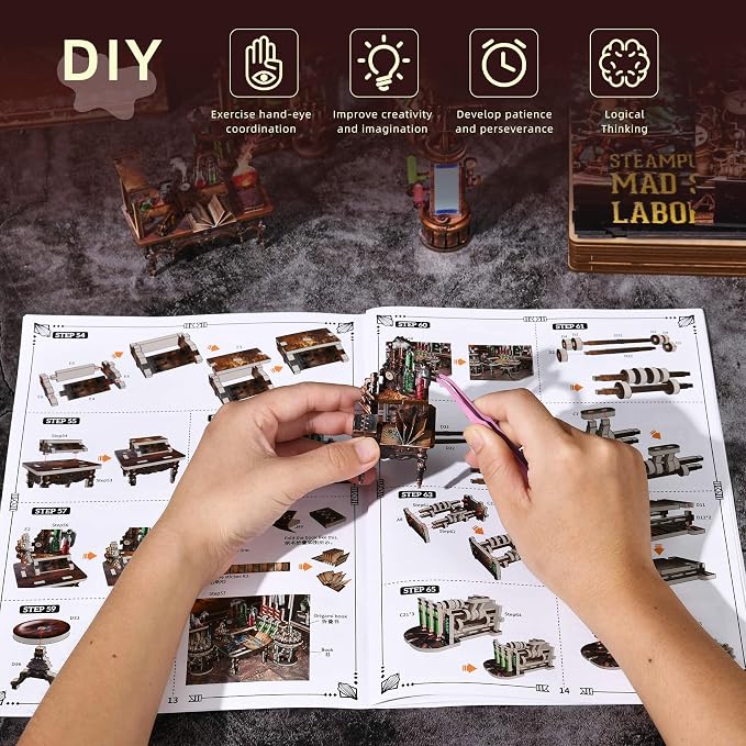 fifijoy Book Nook Kit - DIY Miniature House Dollhouse Kit for Adults and Teens, Steampunk Booknook Tiny House Bookshelf Decor 3D Wooden Puzzle (Mad Scientist Lab)