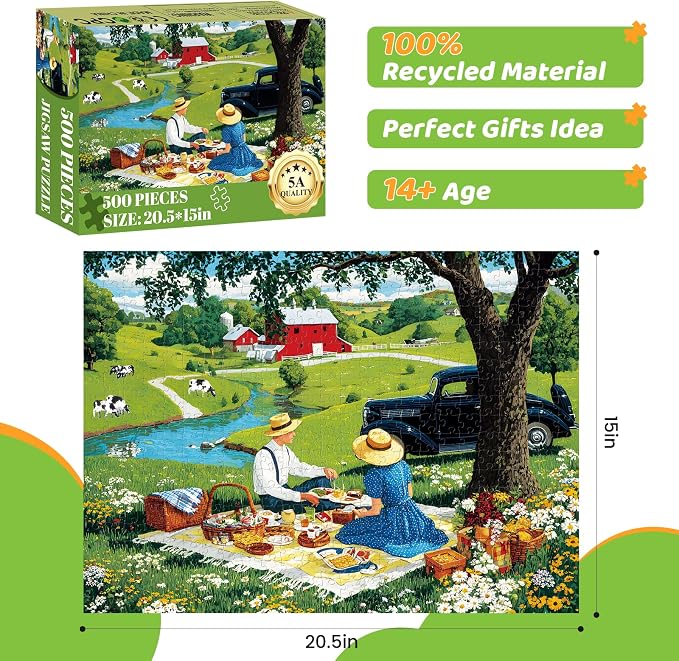 500 Piece Puzzles for Adults, Countryside Picnic Jigsaw Puzzle, Vintage Farm Landscape Puzzle with Lake,Barn and Cows, Rural Scenery Puzzle with Letters on Back, Fun Family Game Gift for Teens Seniors