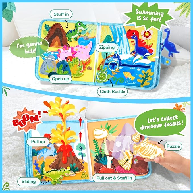 JoyCat Dinosaur Toddler Busy Book, Busy Board for 2 3 4 5 Year Old -Travel Toy Quiet Activity Book, Life Skills & Fun Games - Autism Sensory Toy, Toddler Easter Basket Stuffers Gifts