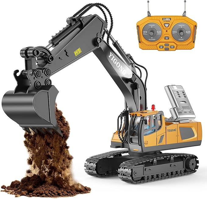 Remote Control Excavator Toy for Boys, 11-Channel Metal Construction Truck with Lights, 2 Batteries, 120-Min Playtime, RC Excavator Toys for Kids Ages 3-12, STEM Gift for Birthday