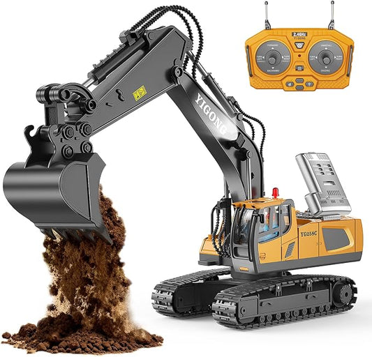 Remote Control Excavator Toy for Boys, 11-Channel Metal Construction Truck with Lights, 2 Batteries, 120-Min Playtime, RC Excavator Toys for Kids Ages 3-12, STEM Gift for Birthday