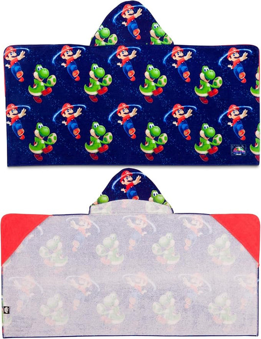 The Super Mario Galaxy Movie Kids Super Soft Bath/Pool/Beach Soft Cotton Terry Hooded Towel Wrap, 24 in x 50 in, Mario & Luigi, (100% Officially Licensed Product) By Franco
