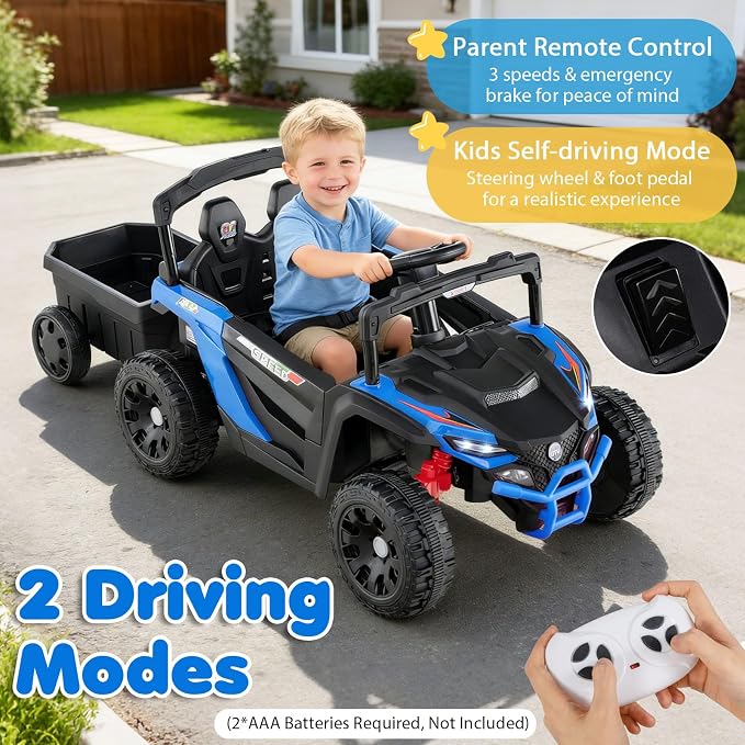 Costzon Kids Ride On UTV Car with Detachable Trailer, 12V Battery Powered Electric Vehicle with Remote Control, 3 Speeds, LED Lights, Music, Horn, Off-Road UTV for Boys & Girls (with Trailer,Blue)