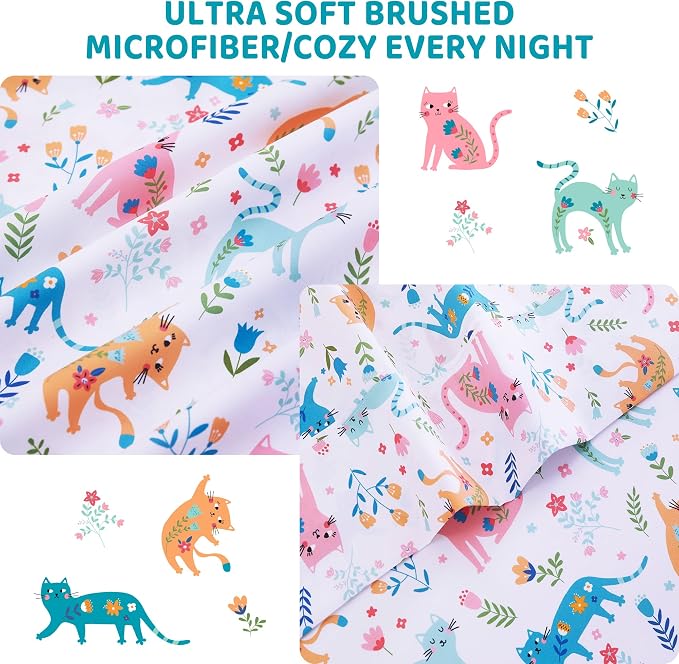 Viviland 4 Pieces Girls Pink Cat Full Sheet Set - Soft Microfiber Fitted Flat Sheets & Pillowcase - Kids Colorful Floral Leaf Print Bedding Sets - for Kids & Toddlers