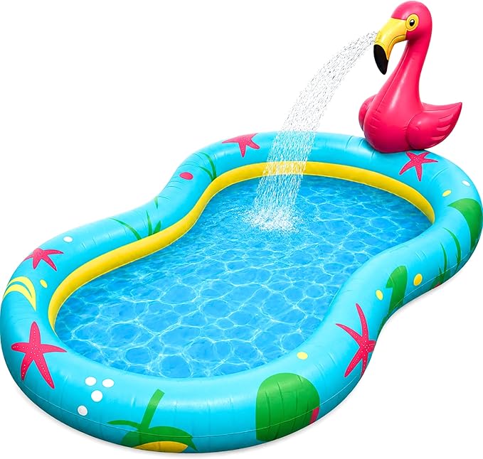 Kiddie Pool with Sprinkler | Kiddie Pool for Kids, Inflatable Toddler Pool, Toddler Inflatable Swimming Pool with Splash Pad, Summer Water Toys for Toddler Outside, Summer Toys, Flamingo
