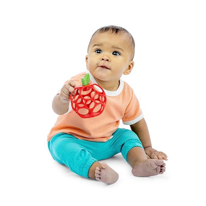 Bright Starts Oball Easy Grasp Red Apple Teether Toy, Hold My Own Collection, BPA Free, Unisex, Newborn and Up