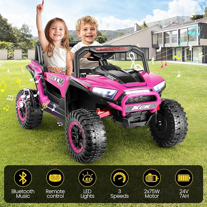 Hikole 24V Ride on Toys for Boys&Girl, 2 Seater Kids UTV with Parent Remote, 400W Battery Motors Operated, XXL Design, Steering Wheels, Easy to Assemble, Dashboard/LED/Horn/Bluetooth, Hot Pink