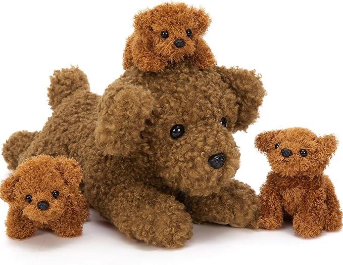 Muiteiur 4 Pcs Dog Stuffed Animal Set, 18.5 Inch Teddy Dog with Puppies, Brown Dog Plush for Kids Girls Boys, for Birthday Theme Party, Fun Decor