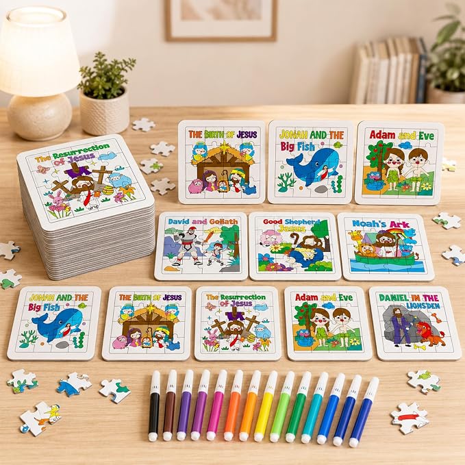 Cinrobiye 24 PCS Religious Sunday School Crafts Bible Stories Jigsaw Puzzles Bulk DIY Religious Puzzle Kits with Colored Pens Gifts for Church VBS Sunday School Art Activities Christian Party Favors