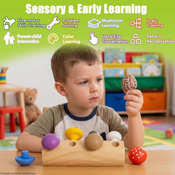 Mushroom Montessori Wooden Educational Toy for Toddlers 18M+ – Preschool Learning Playset, Fine Motor & Color Recognition Kids Toy