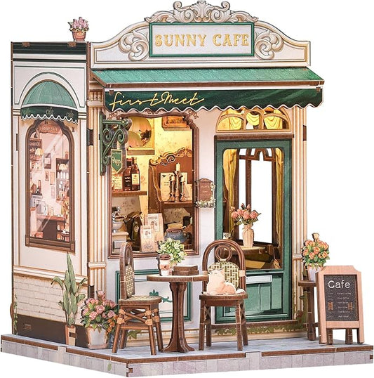 Book Nook Kit, DIY Miniature House Kits for Adult and Teens, Dollhouse Tiny Booknook Garden House Bookshelf, DIY Craft Gifts for Family and Friends（Sunny Cafe)