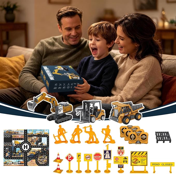 RC Construction Vehicles Toys Set 3 in 1 with Mini Excavator Dump Truck Forklift Real Lights & Sounds and Movable Parts & Traffic Sign Construction Site Map USB Charge Birthday Gifts for Kids Adults