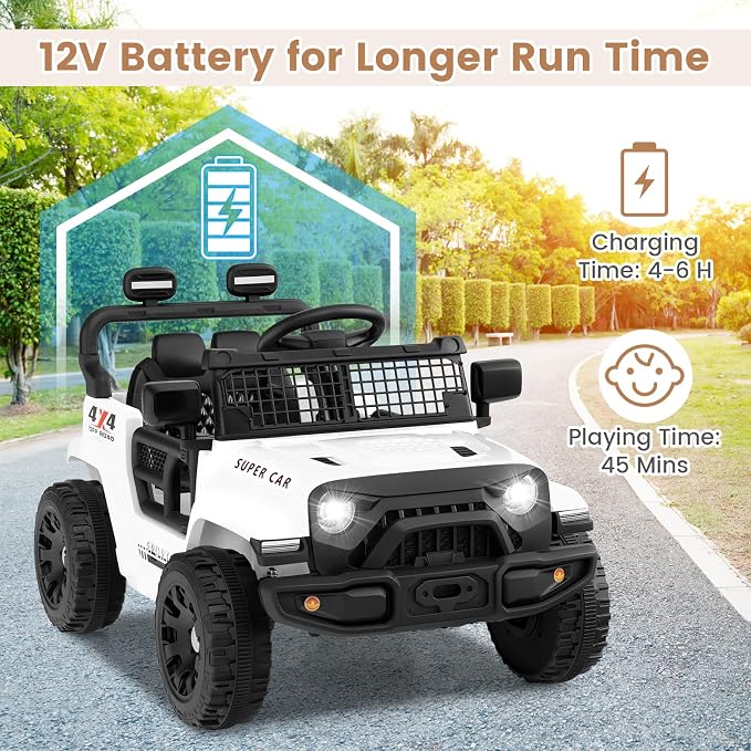 OLAKIDS 12V Ride On Truck, Battery Powered Electric Vehicle for Kids with Remote Control, Foldable Reflective Mirror, Spring Suspension, Music, LED Lights, Ride on Toy for 3+ Boys Girls (White)