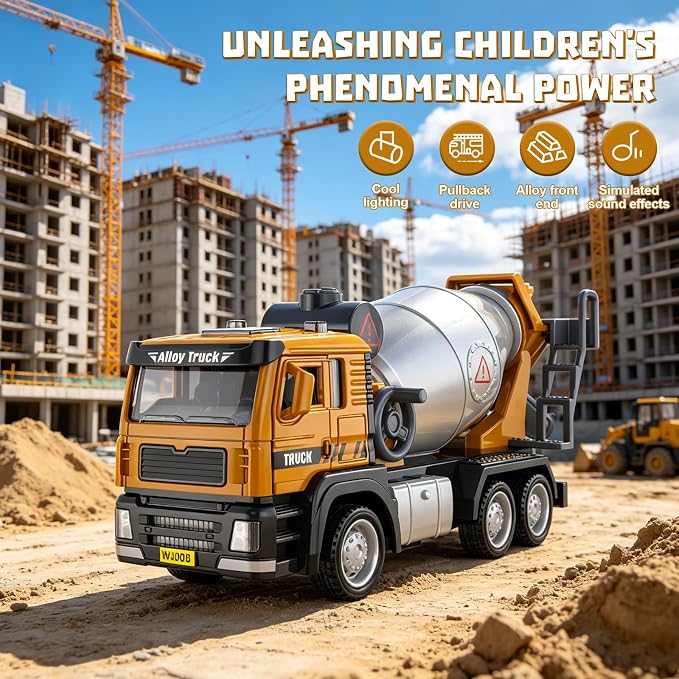 1:50 Die-Cast Concrete Mixer Truck Toy, Pull-Back with Lights Sounds, Rotating Mixing Drum, Opening Doors, with Simulated Gravel, for Kids 3-9
