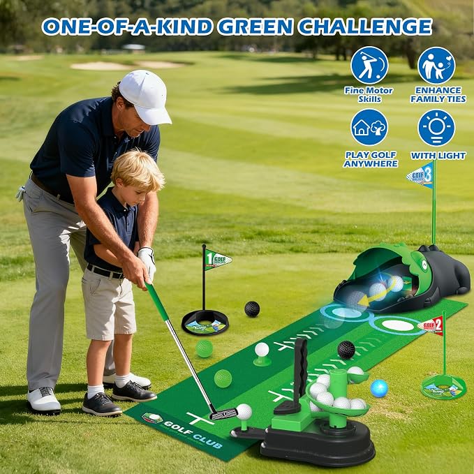 TERRAMUS Upgraded Kids Toy Golf Set, 3 in 1 Golf Toys with Dinosaur Automatic Ball Returner & Ball Launcher Led Light Up Balls, Mini Golf Toy for Ages 3-8, Indoor Outdoor Sports Gift for Boys Girls