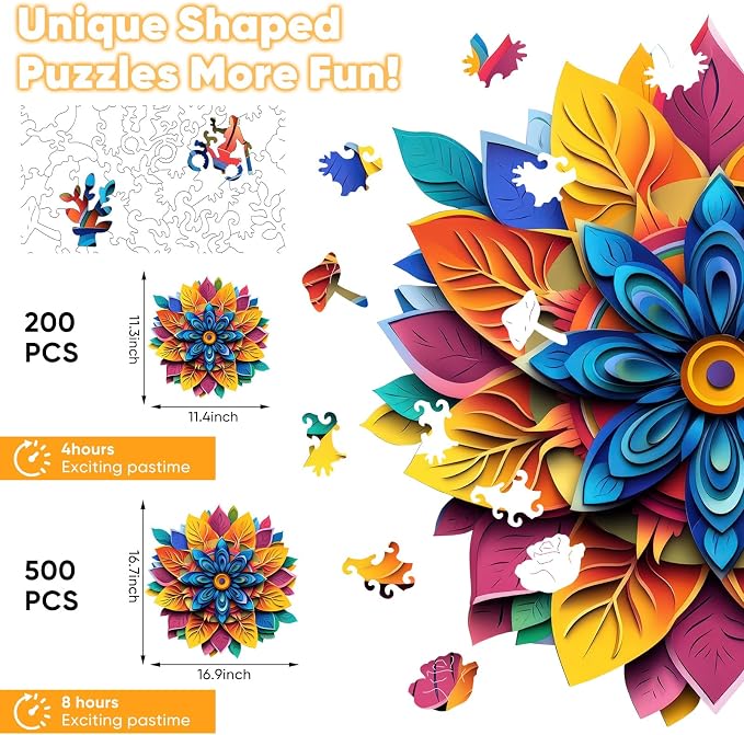 Leodozzio Puzzles for Adults 200 Pieces, Color Flower Wooden Jigsaw Puzzles, 5MM Thick Unique Plants Shaped Wooden Puzzle, Birthday Gift Family Game, 11.3x11.4 Inch