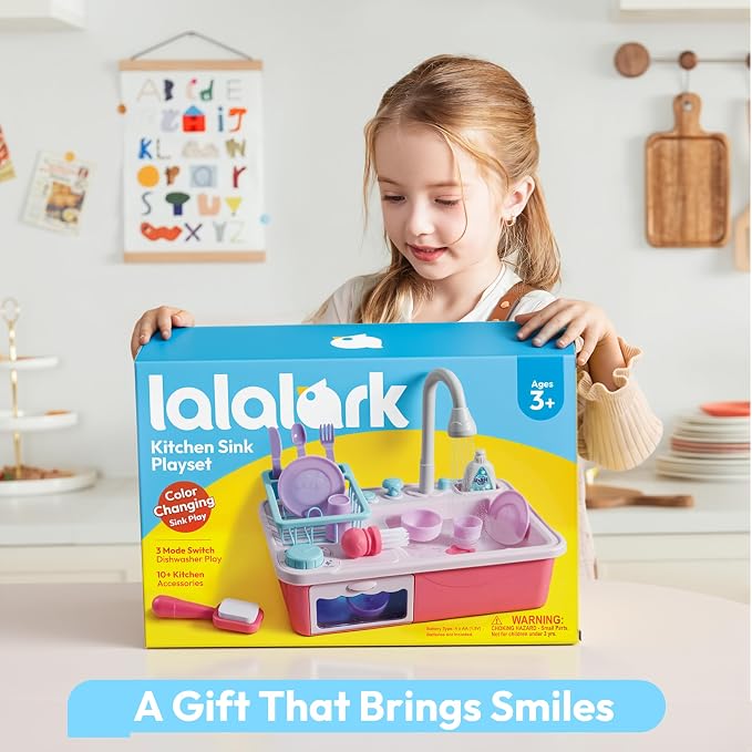 lalalark Color Changing Play Sink with Running Water, Toddler Sink with Electric Dishwasher, Chopping Sounds and Automatic Water Cycle System, Water Table for Toddlers 1-3 Birthday Gift