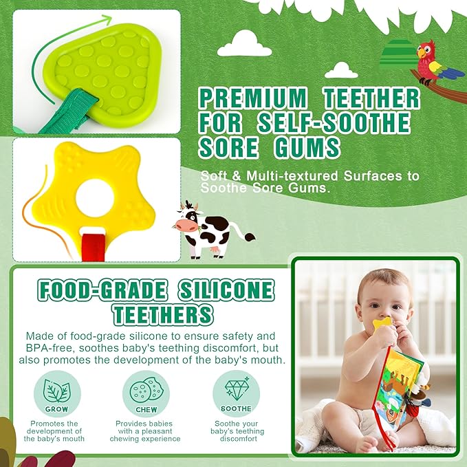 BBWOO Soft Baby Book Toy - Newborn Boy Girl Shower Gift - Tummy Time Toy for Infant 0-6 6-12 Months - Touch and Feel Sensory Crinkle Book with Teether - Baby Boy Girl Gift 2PCS