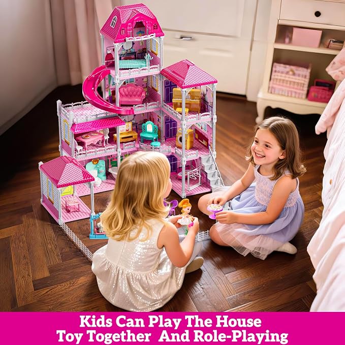 JUKUDAHU Villa Playset for Girls Ages 3-7, 4-Storey House with 10 Rooms, 2 Dolls, Furniture and Accessories, Indoor Playset Girls Toys for Ages 6-8, Pretend Toddler Toys, Birthday Gifts for Kids 4-8